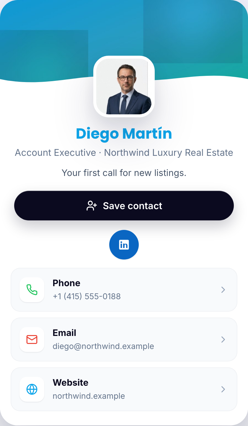 CompanyCard digital business card example — Diego Martín, Account Executive — phone, email and LinkedIn
