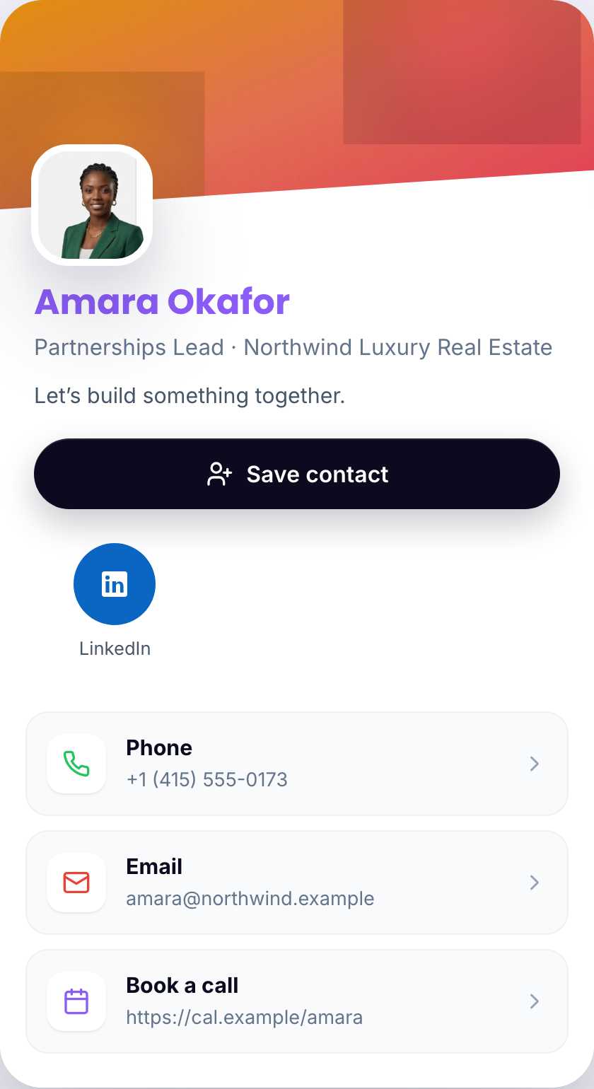CompanyCard digital business card example — Amara Okafor, Partnerships Lead — with a book-a-call button