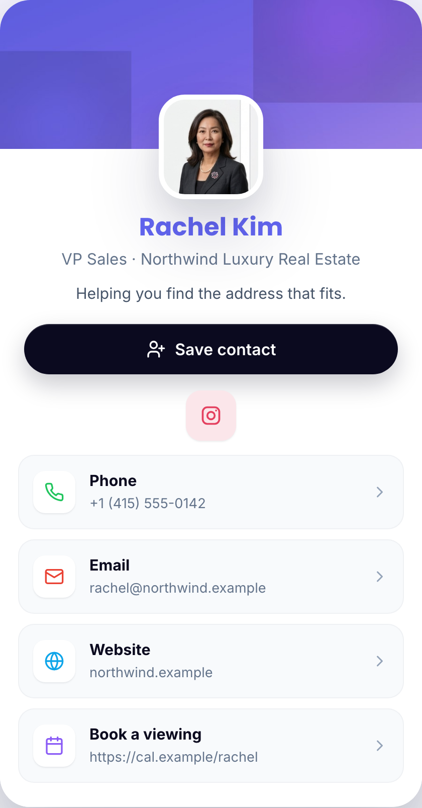 CompanyCard digital business card example — Rachel Kim, VP Sales at Northwind Luxury Real Estate