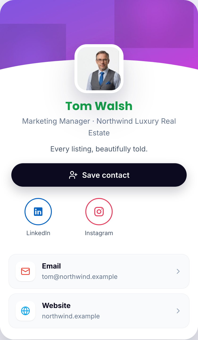 CompanyCard digital business card example — Tom Walsh, Marketing Manager — social links and website