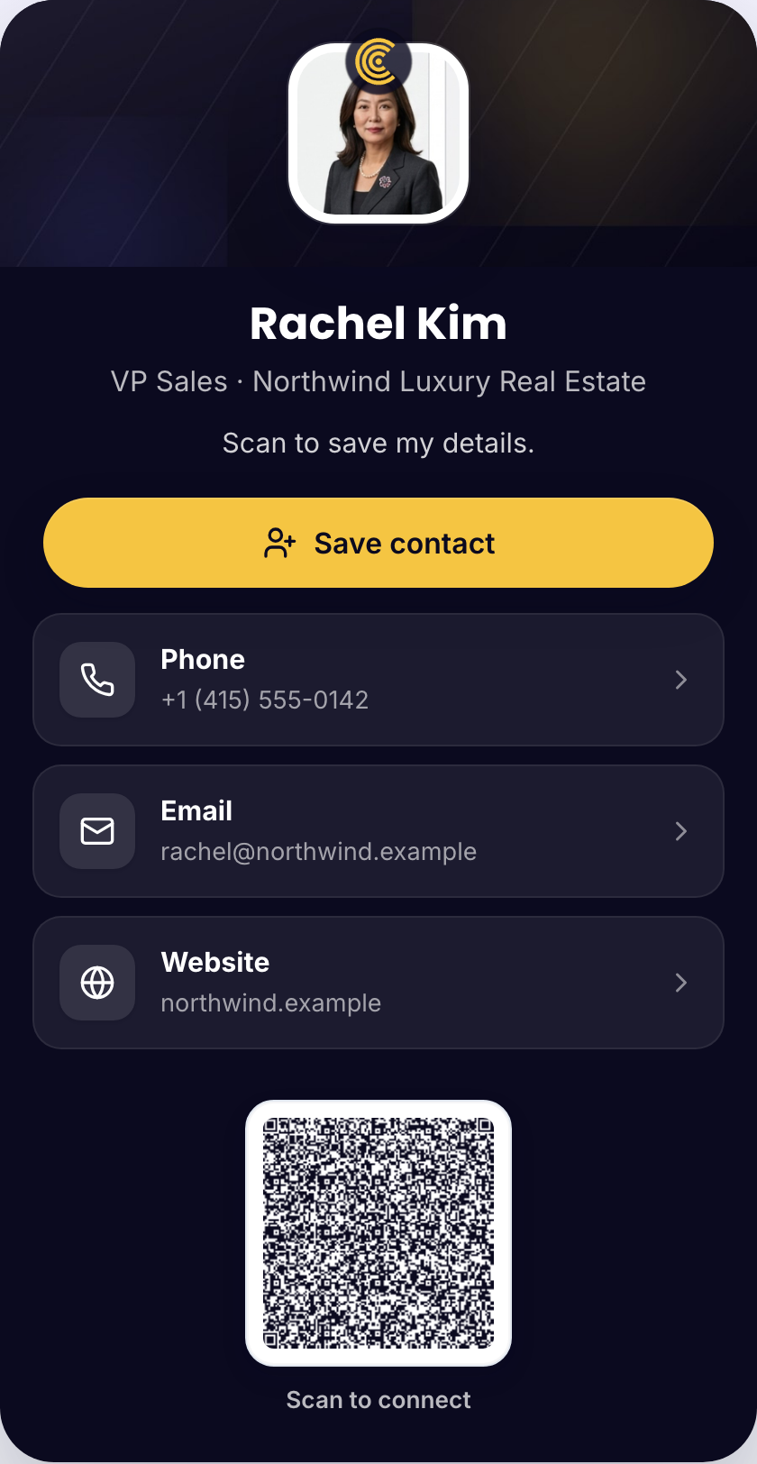 CompanyCard digital business card example — Digital business card with a built-in QR code to scan and save the contact