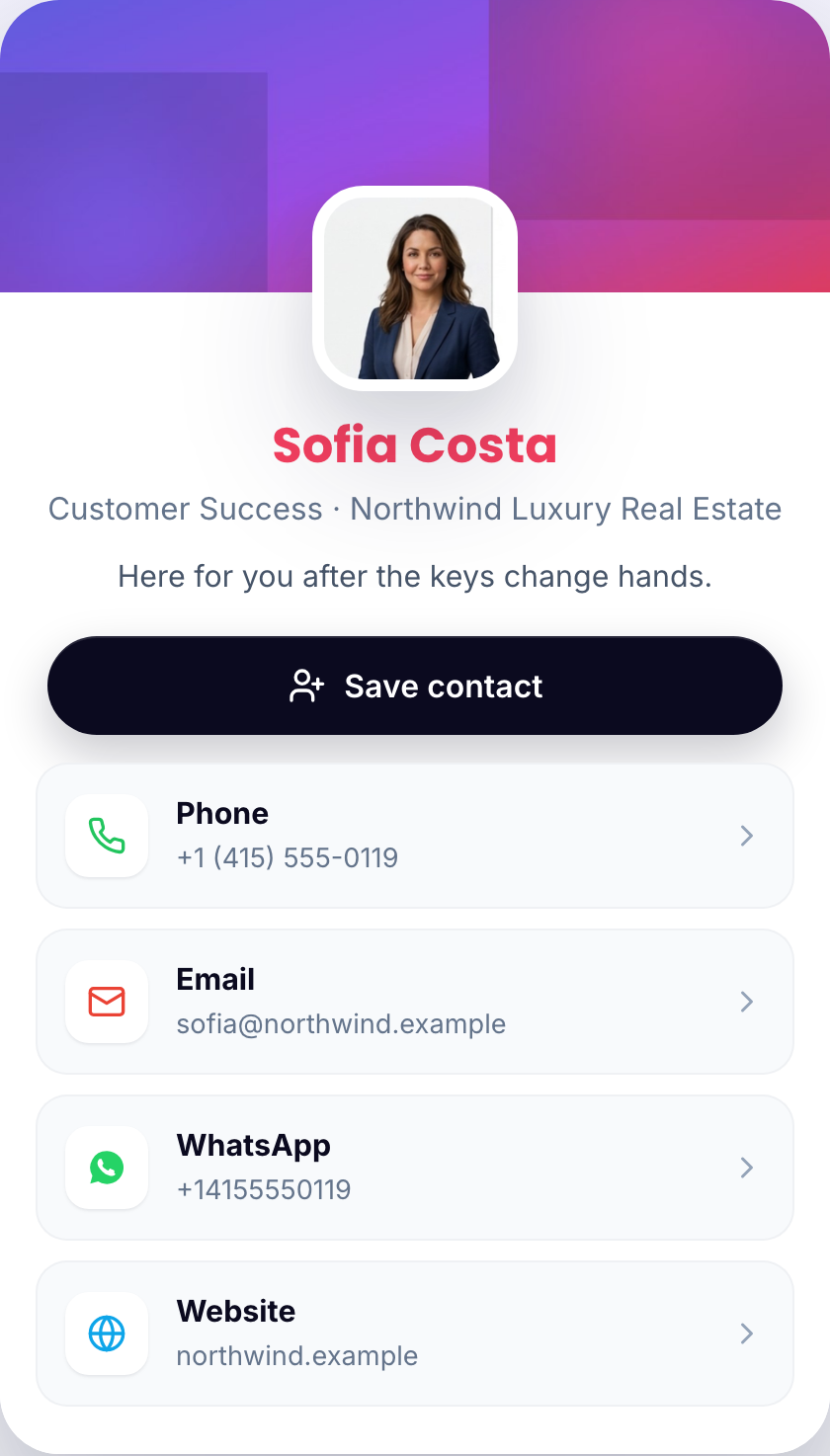 CompanyCard digital business card example — Sofia Costa, Customer Success — WhatsApp, phone and website
